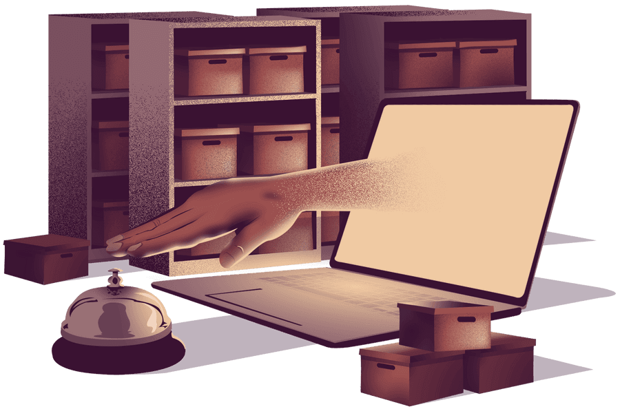 Illustration of a laptop with a hand reaching out from the screen and ringing a bell. File boxes are stacked on shelves in the background
