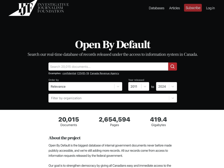 Screenshot of the Investigative Journalism Foundation's Open By Default database.