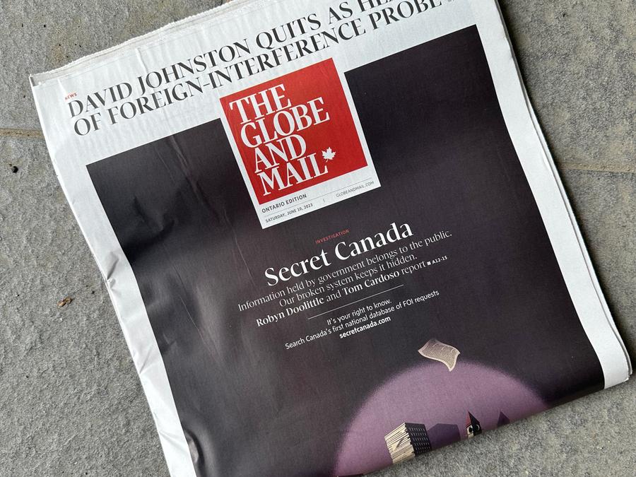 A copy of The Globe and Mail from June 10, 2023, sits on a doorstep. THE GLOBE AND MAIL