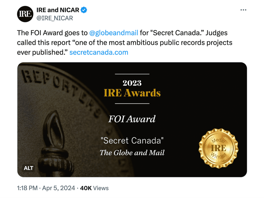 A screenshot of an Investigative Reporters and Editors Association post announcing Secret Canada’s win.